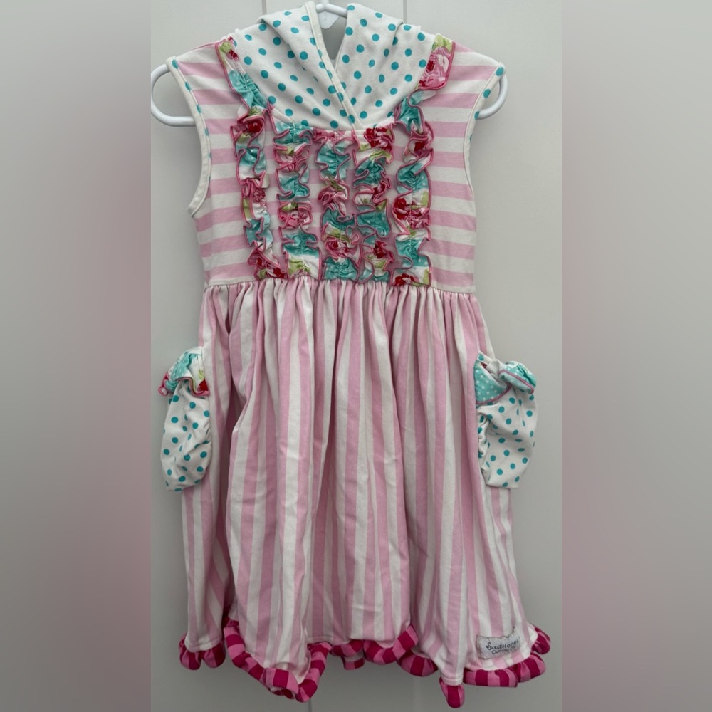 SWEETHONEY 4T Pink and White Striped Girls Hooded Dress with Polka Dot Accents